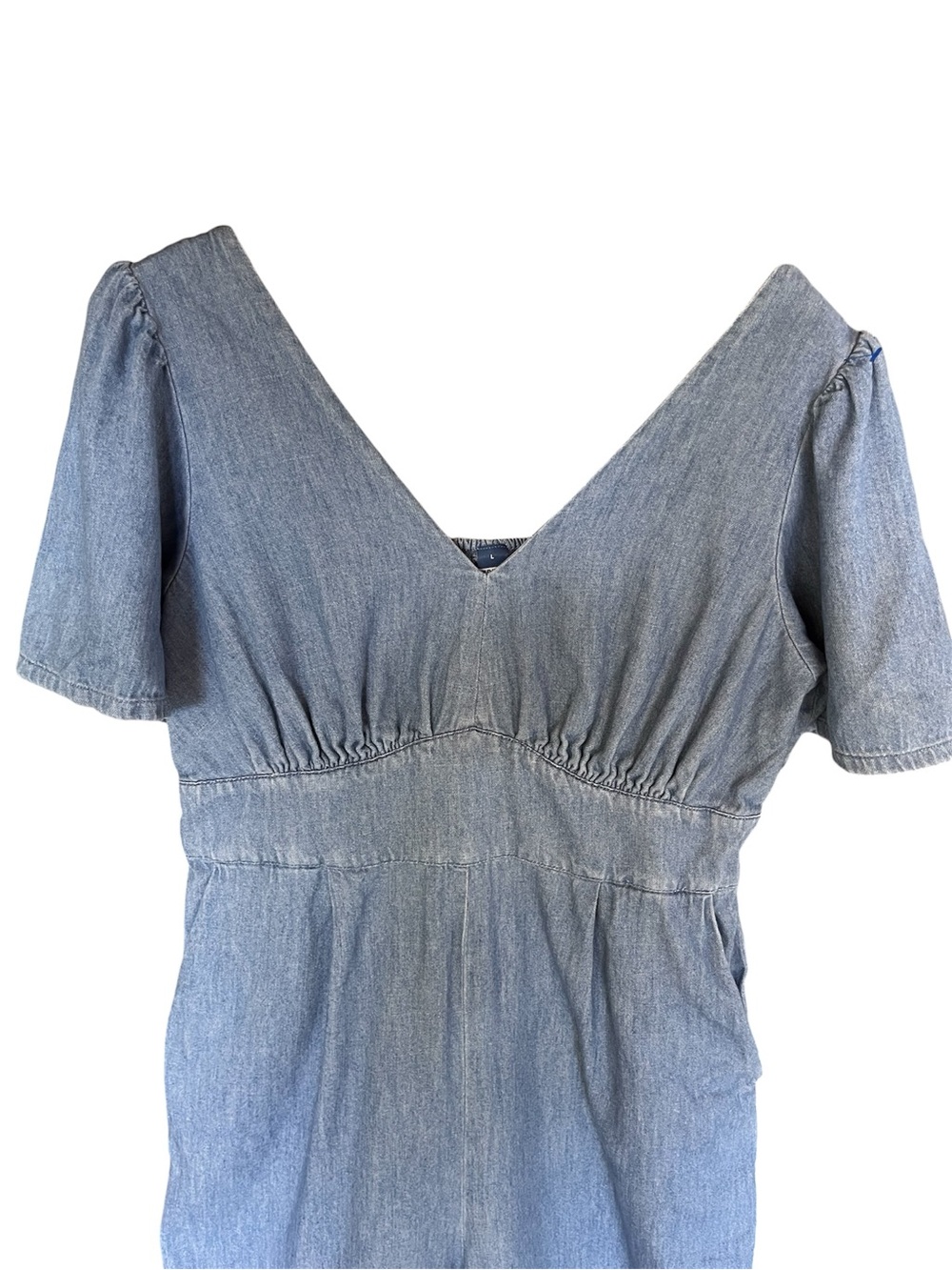 Old Navy Waist-Defined Smocked Denim Jumpsuit Chambray Large - Picture 4 of 14